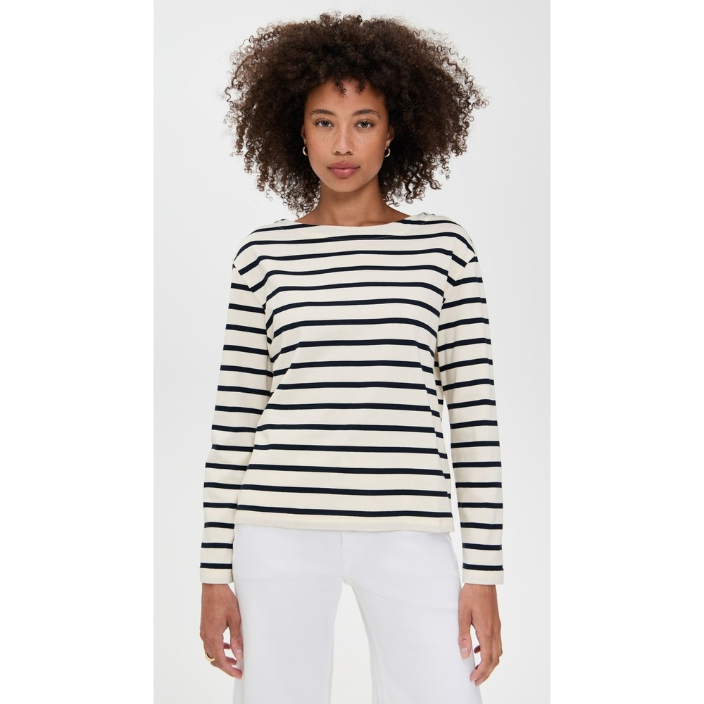 DOEN Top Women Large White Striped Long Sleeve Boat Neck Cotton Nautical Tee